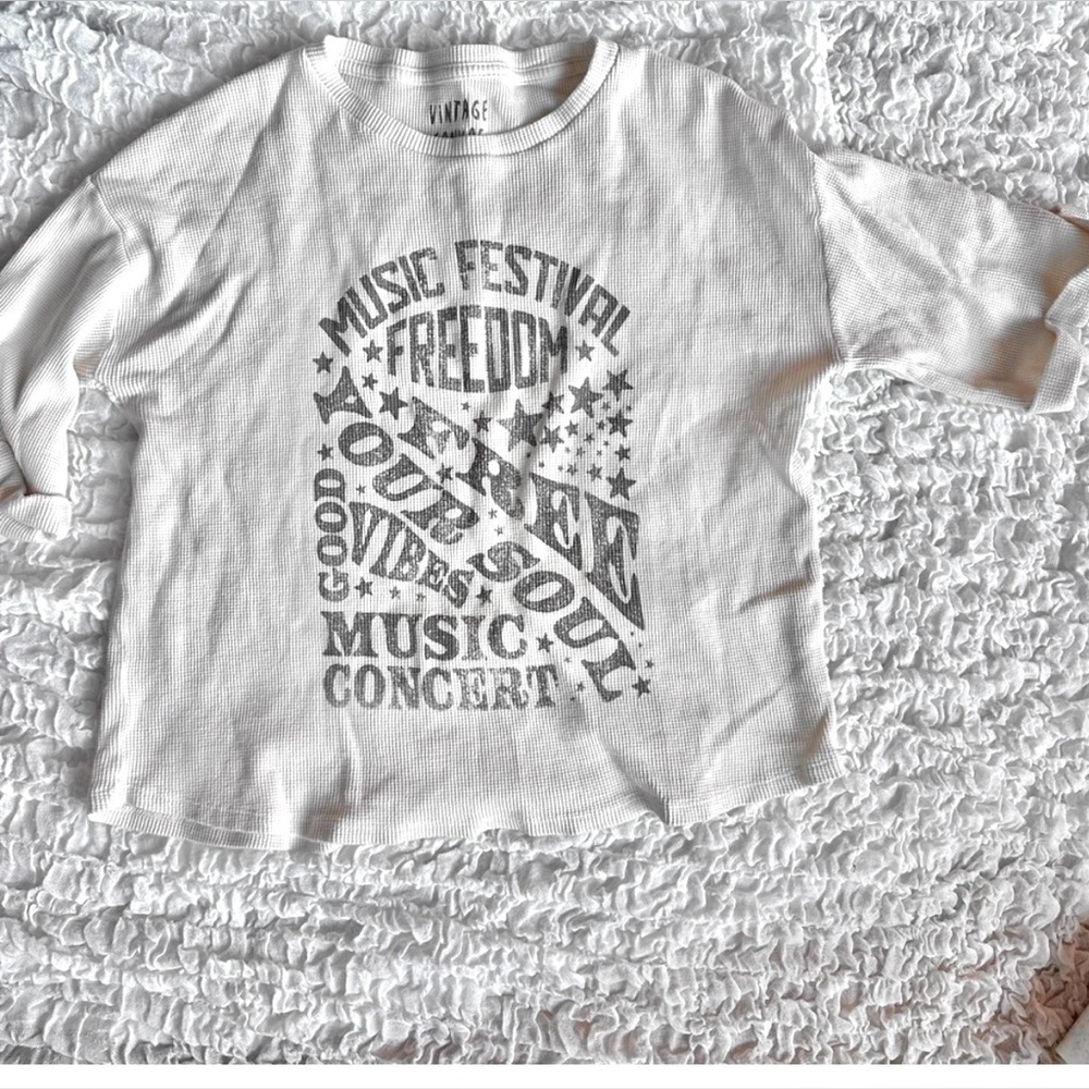 Waffle Knit Oversized Tee Cream Small Slouchy Thermal Top Casual - Picture 2 of 7